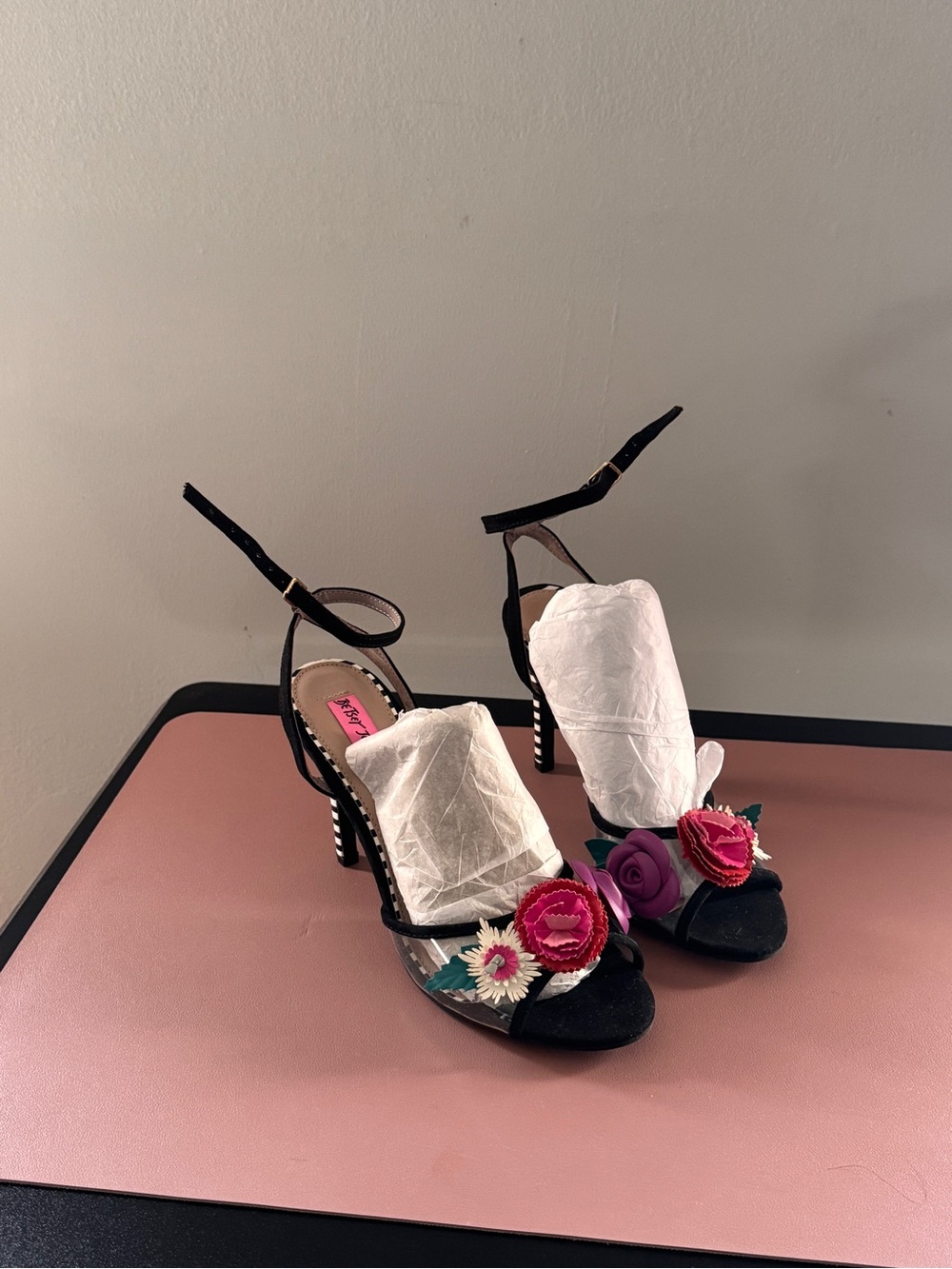 Betsey Johnson Black Heels with Pink Floral Accents